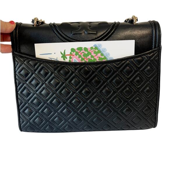 Tory Burch Fleming Leather Convertible Shoulder Bag Crossbody Black Chain Logo - Picture 12 of 14